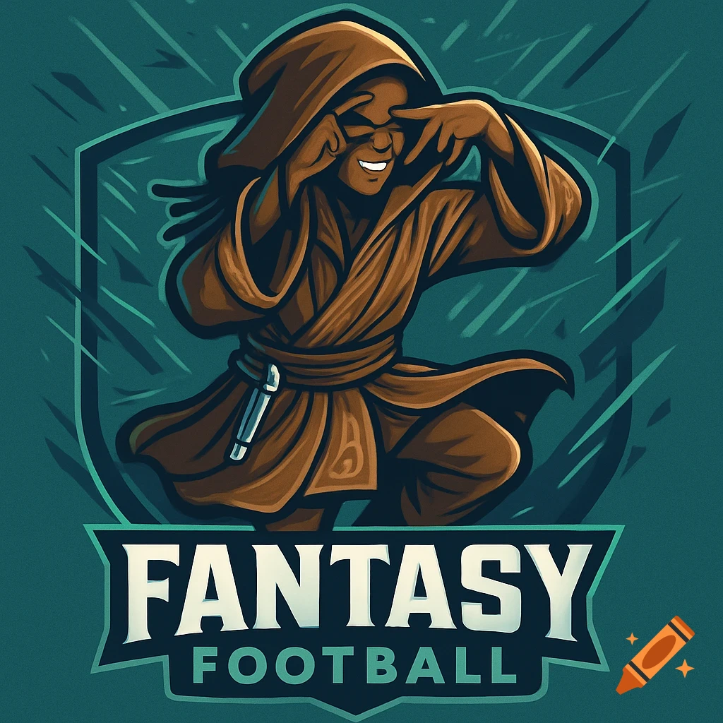 A stylized fantasy football logo showing a brown-skinned Jedi-like character doing the griddy dance, with a lightsaber hilt. Text reads 'FANTASY FOOTBALL'.