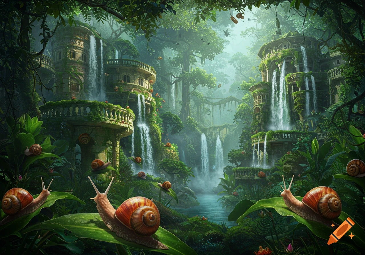 A lush rainforest scene with overgrown stone mansions, multiple waterfalls, and large snails on leaves in the foreground.