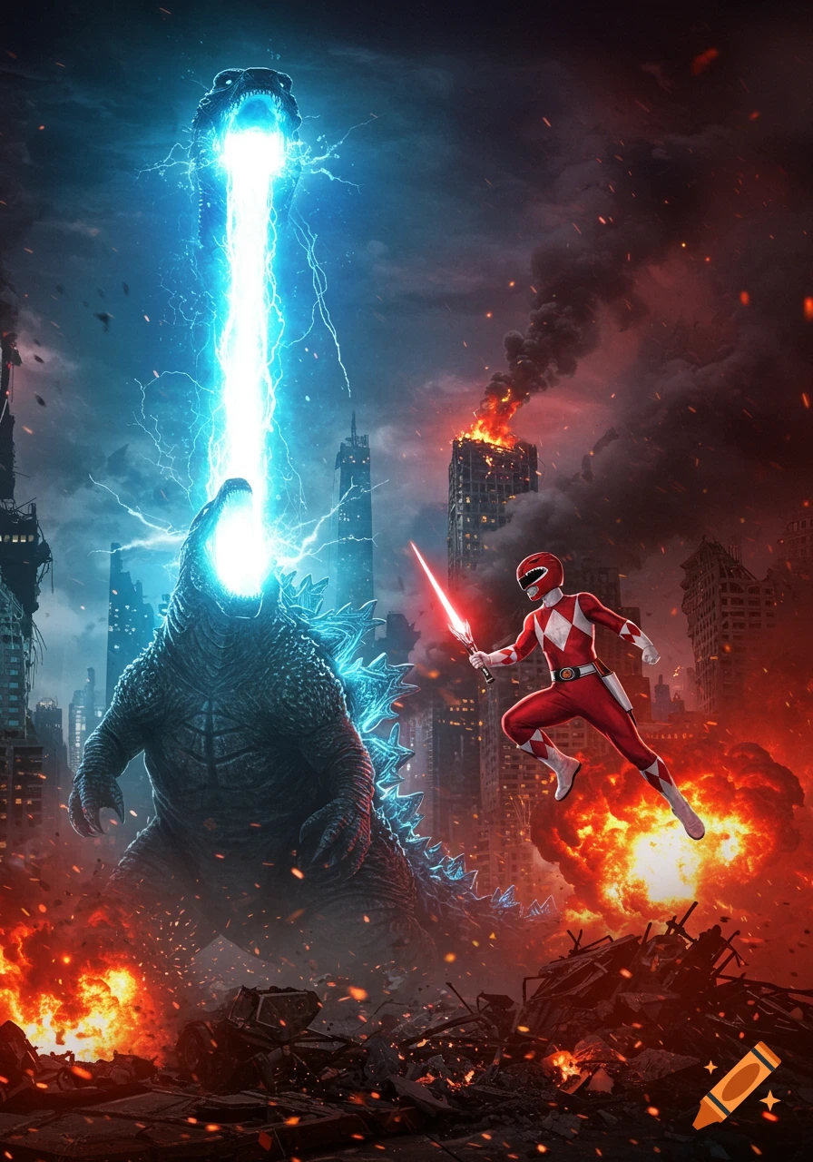 Godzilla fires a blue atomic beam while the Red Power Ranger jumps forward with a red sword in a destroyed, burning city.