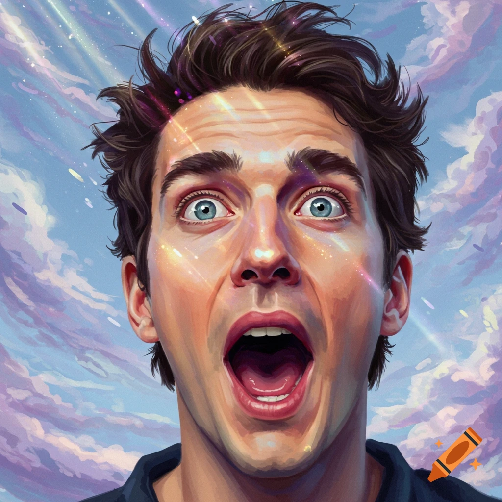 Illustrative portrait of a surprised man with wide-open mouth looking up, surrounded by sparkling light rays and clouds.