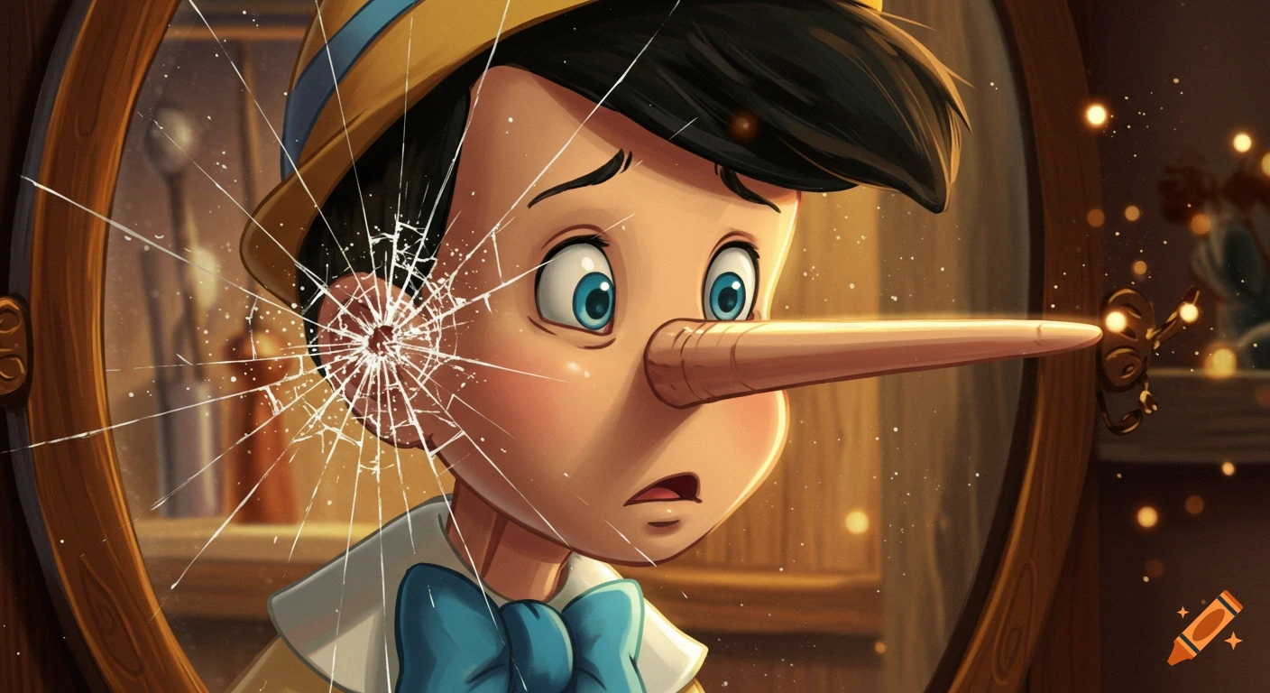 Anime Pinocchio looks dismayed at his long nose cracking his reflection in a broken mirror.