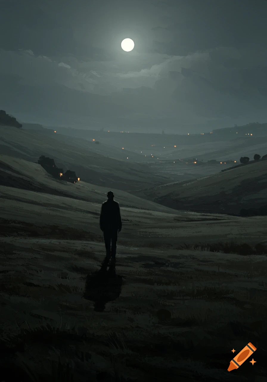 Painting of a man walking through a dark, moonlit valley with distant lights, in Edward Hopper style.