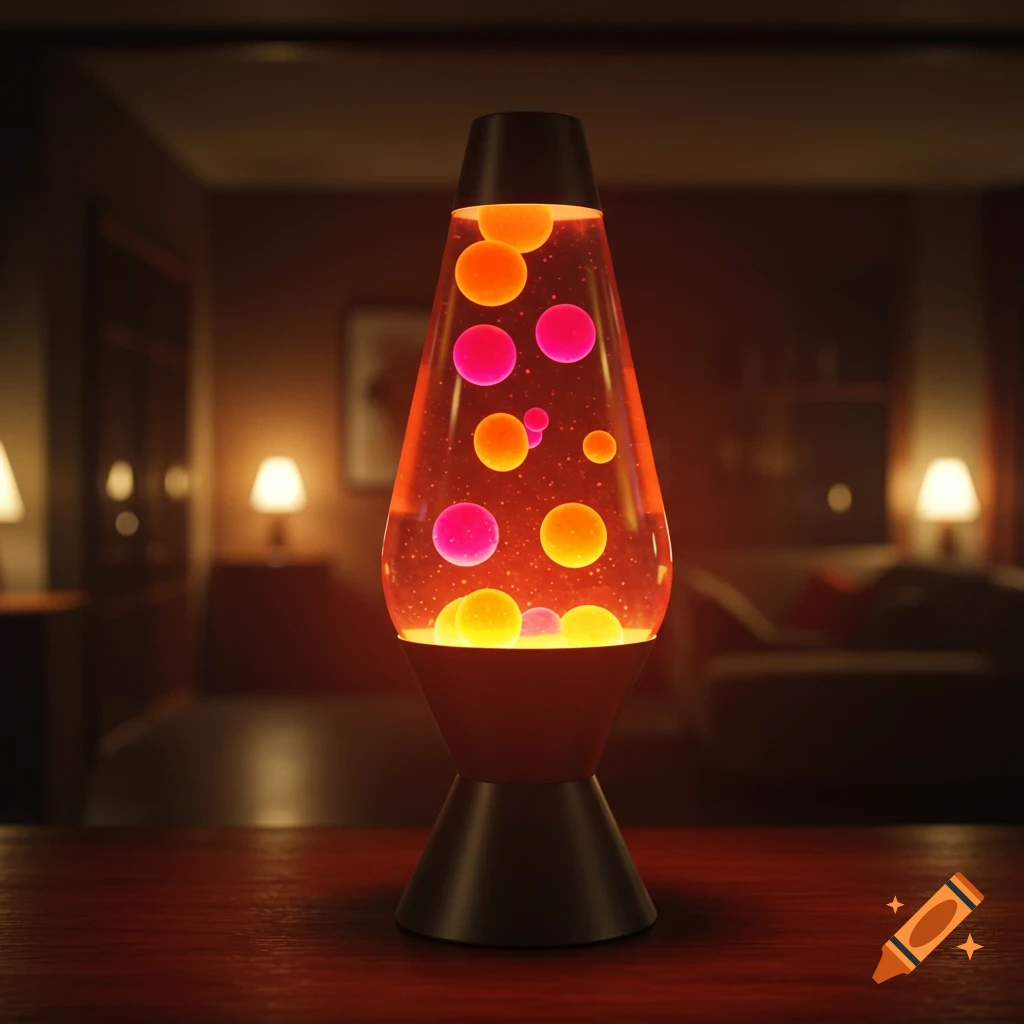 A glowing lava lamp with orange, pink, and yellow bubbles on a wooden table in a dimly lit room.