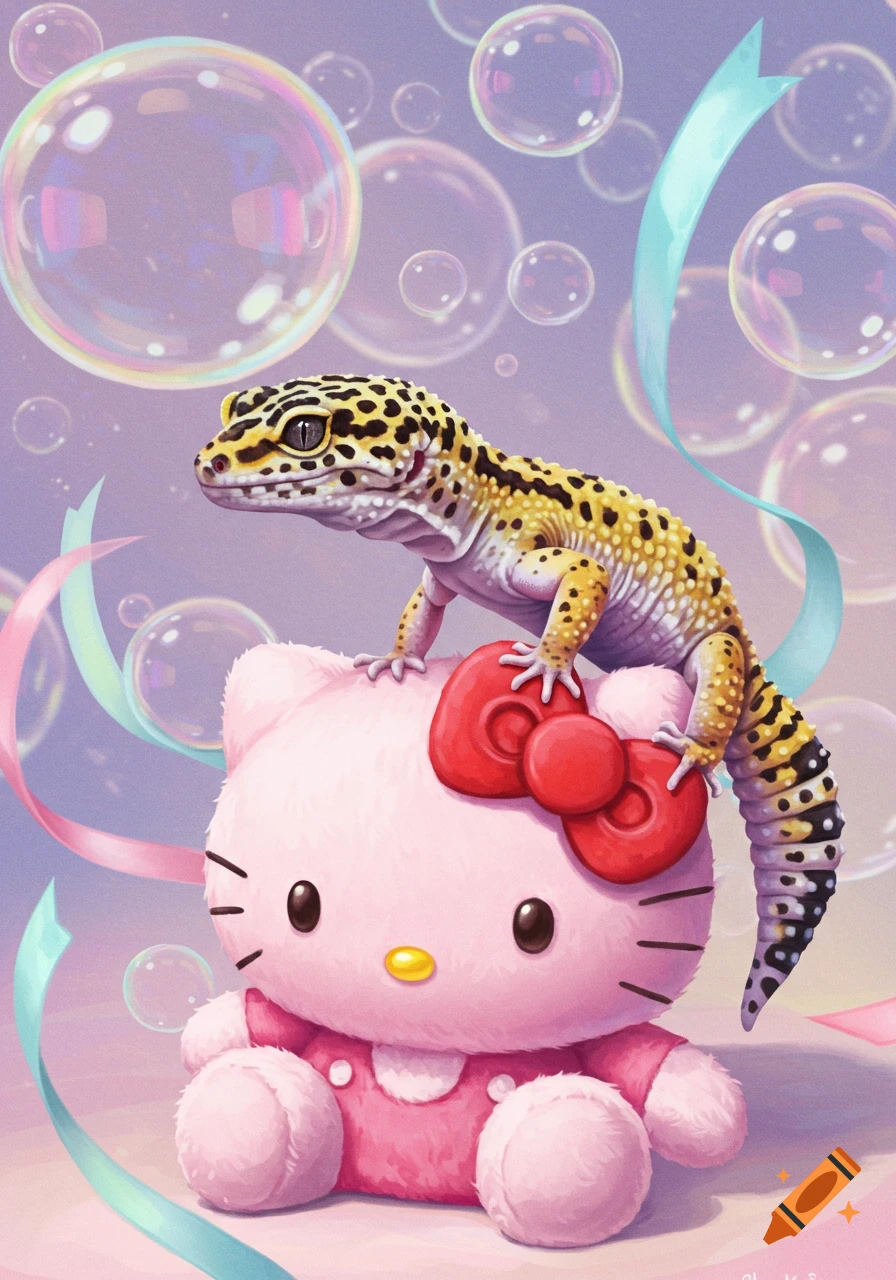 A vibrant illustration of a spotted leopard gecko perched on a pink Hello Kitty plush toy, surrounded by floating bubbles and ribbons.
