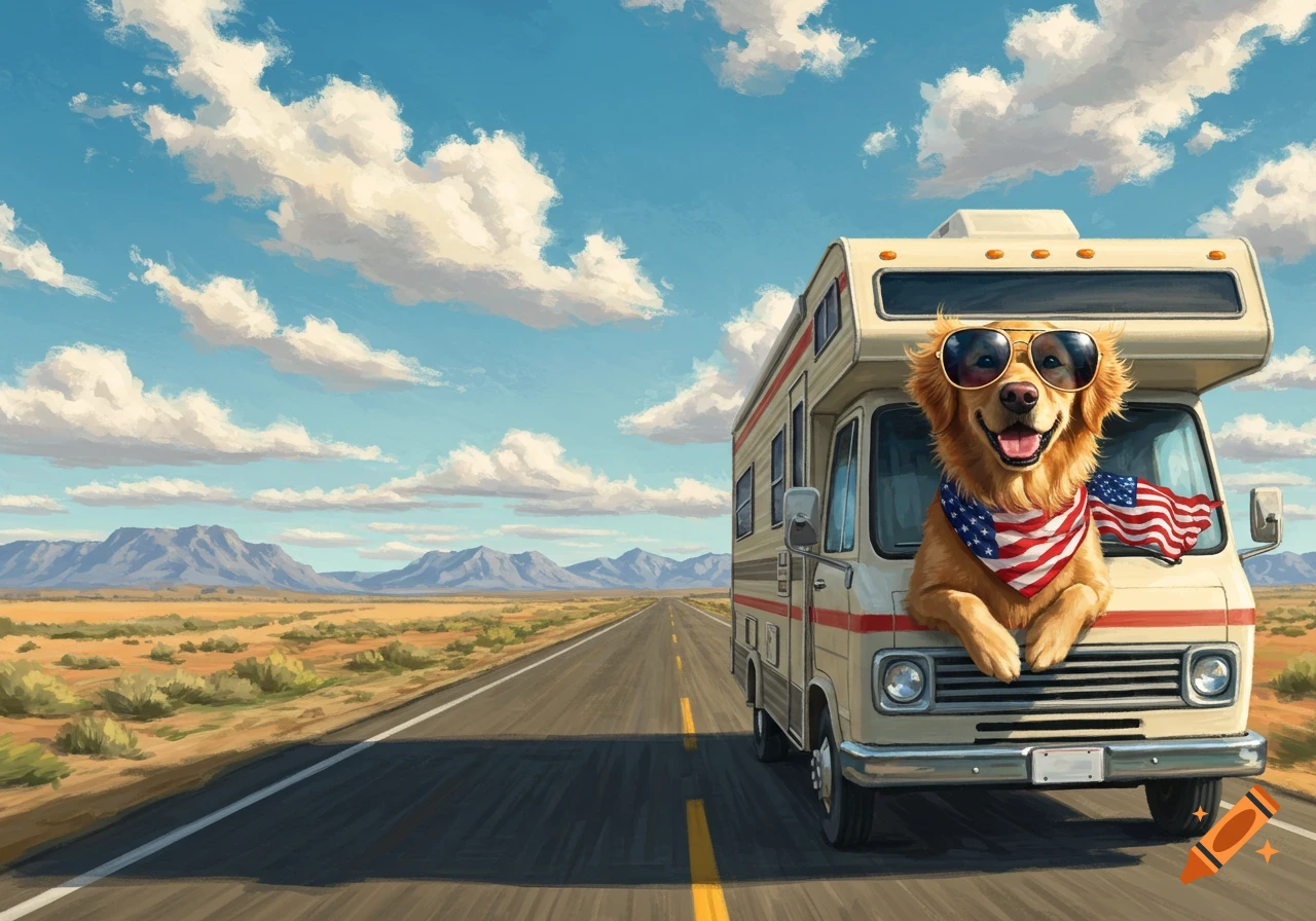 Painterly Golden Retriever in sunglasses and US flag bandana, leaning from an RV on a desert highway.