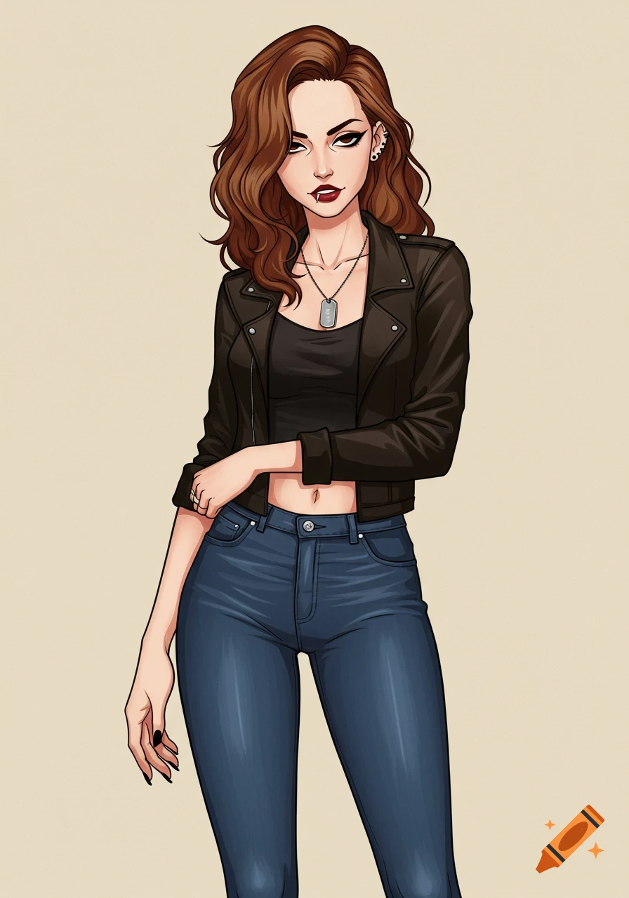 A cartoon-style young woman with auburn hair and fangs wears a black leather jacket, crop top, and blue jeans, standing against a beige background.