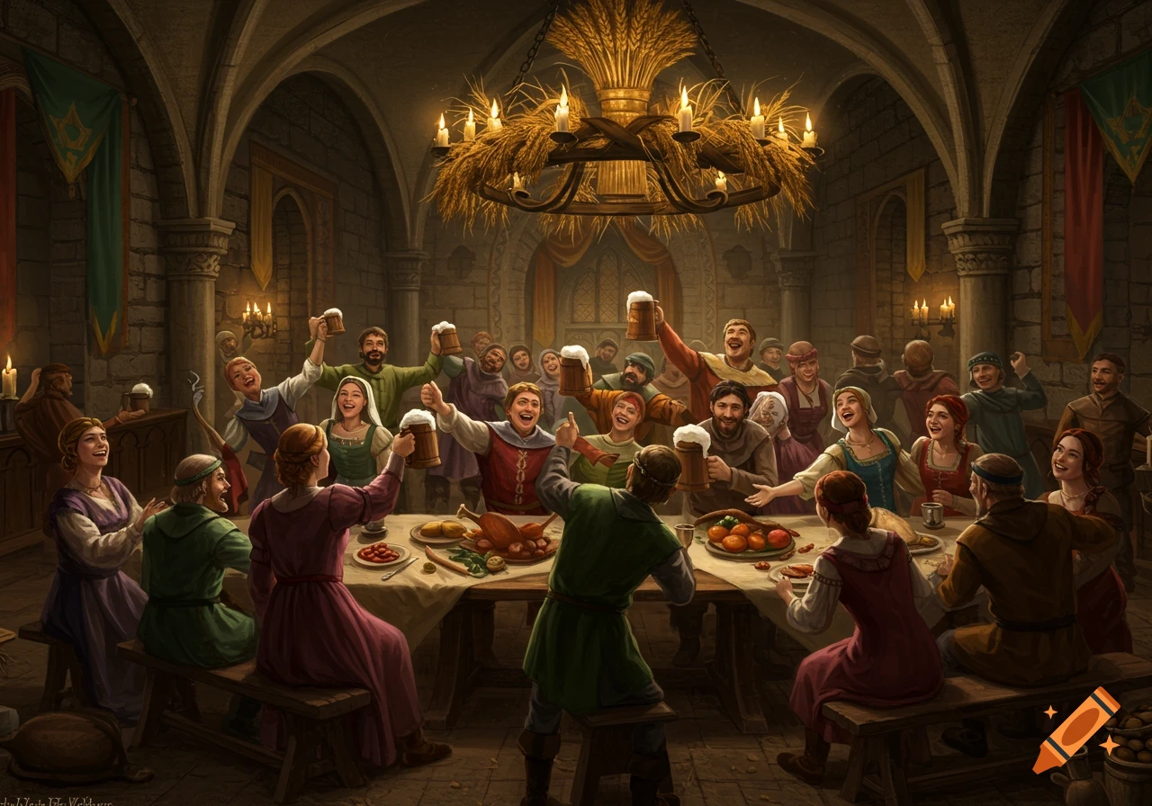 A vibrant detailed illustration of a medieval feast in a noble's court, with many people laughing and raising beer steins.