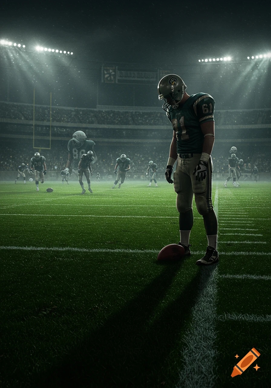 A football player in a dark stadium stands on the field with a ball, looking downcast, with other players and stadium lights in the background.