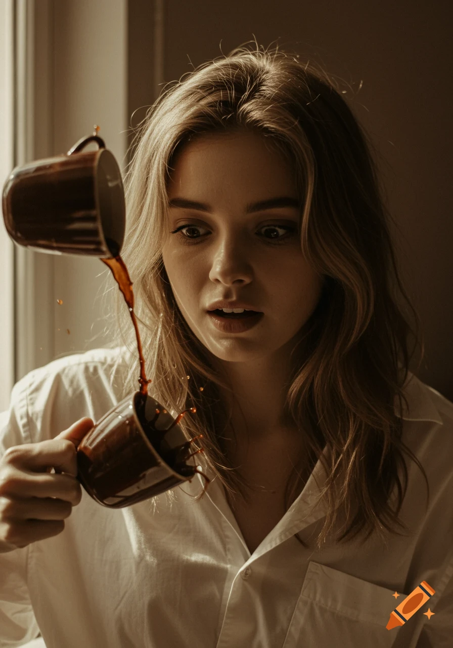 Close-up of a young woman with a surprised expression as she spills coffee from a brown mug onto her white shirt.