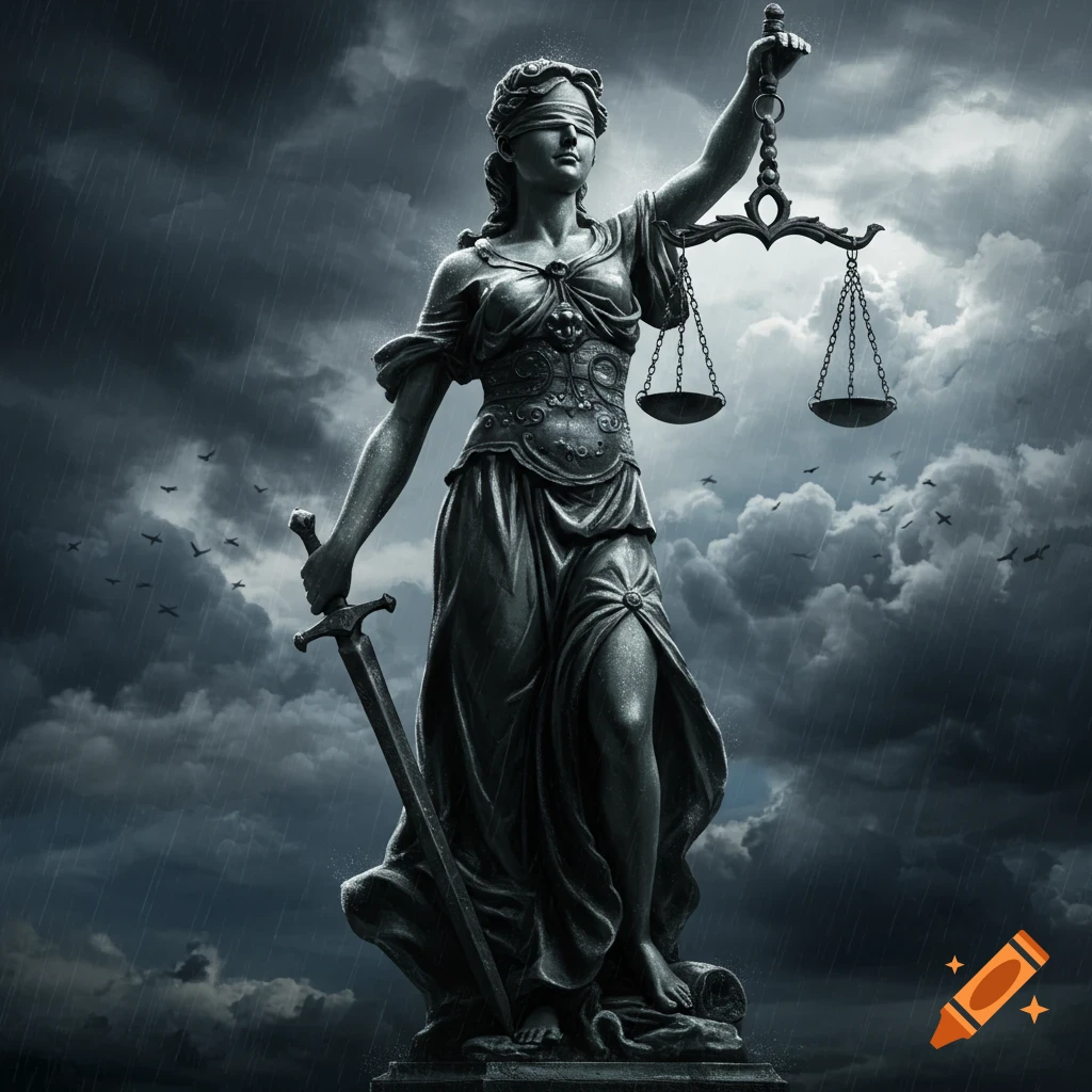 A dark, dramatic statue of Lady Justice holding scales and a sword under a stormy, rainy sky with birds.