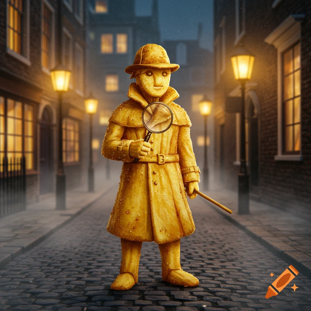 A Sherlock Holmes-like detective figure made of french fries, holding a magnifying glass, stands on a dark, rainy cobblestone street.