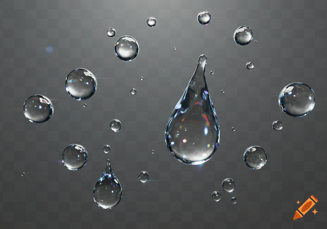 Photorealistic water droplets of various sizes on a transparent, checkered background, reflecting light.