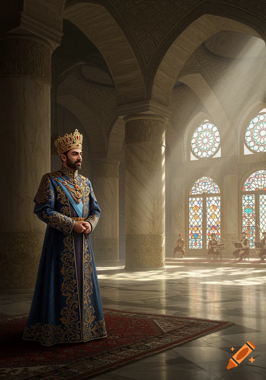 King in ornate blue and gold robes and a crown stands in a grand palace hall with stained-glass windows.