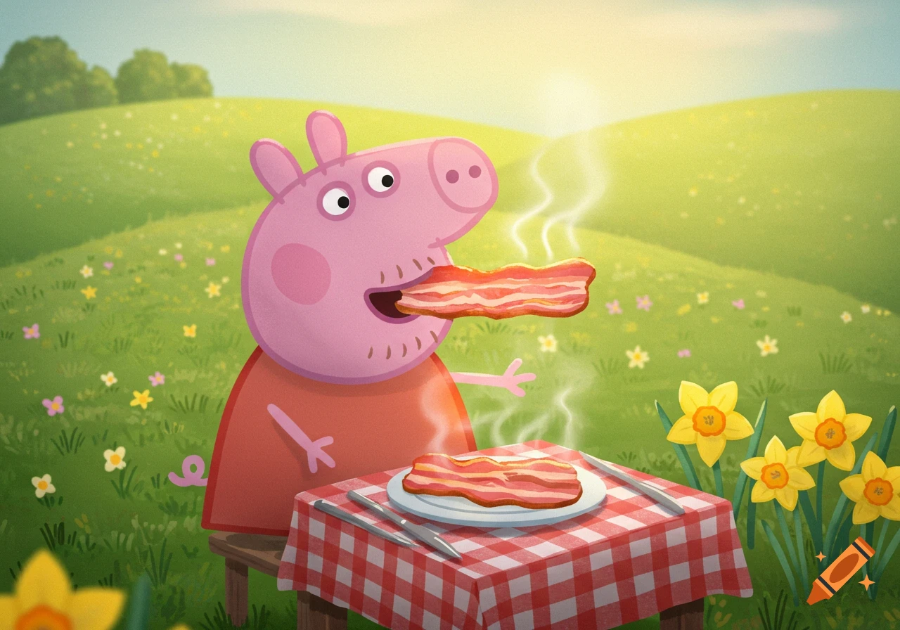 Cartoon Peppa Pig with stubble eating bacon at a picnic table in a sunny field with daffodils.