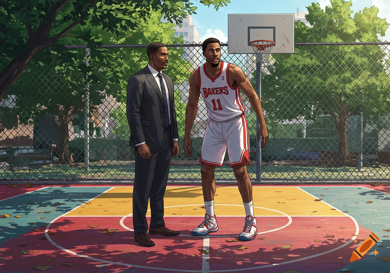Two men, one in a suit and one in a basketball uniform, stand on an outdoor court. Illustrated style.
