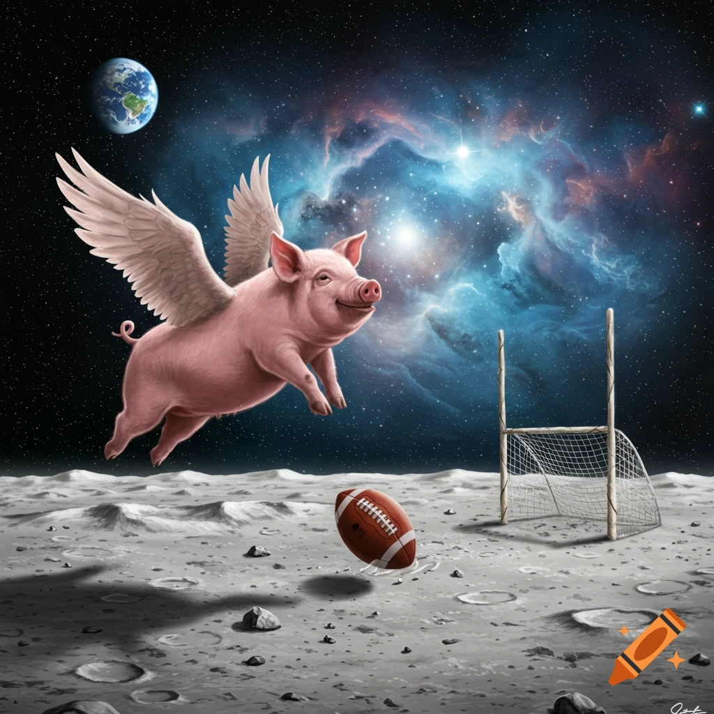 A winged pig flies over the moon's surface, where a football and a goalpost are set up, with Earth and a colorful nebula in the background.