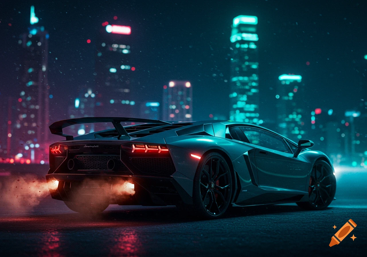 Teal Lamborghini Aventador SVJ with glowing exhaust driving on a wet city street at night, neon skyscrapers in background.