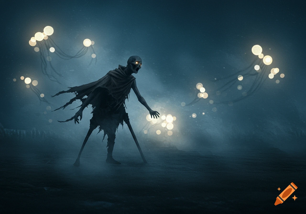 A gaunt, skeletal figure with glowing eyes and tattered cloak leans on stilts in a dark, foggy landscape with luminous orbs.