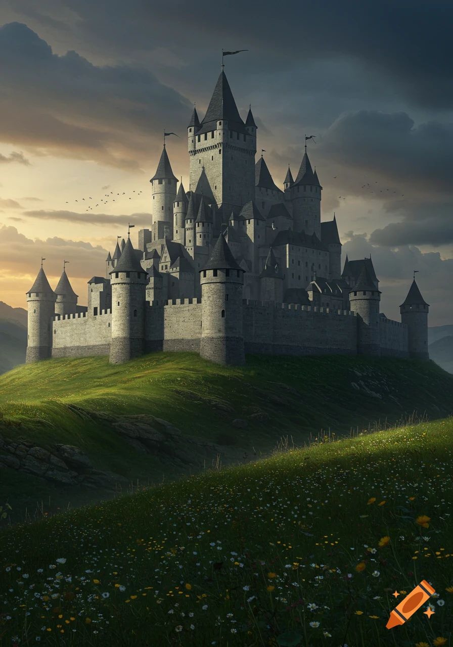 A grand grey stone castle with black-roofed towers on a green, flower-covered hill under a dramatic sky.