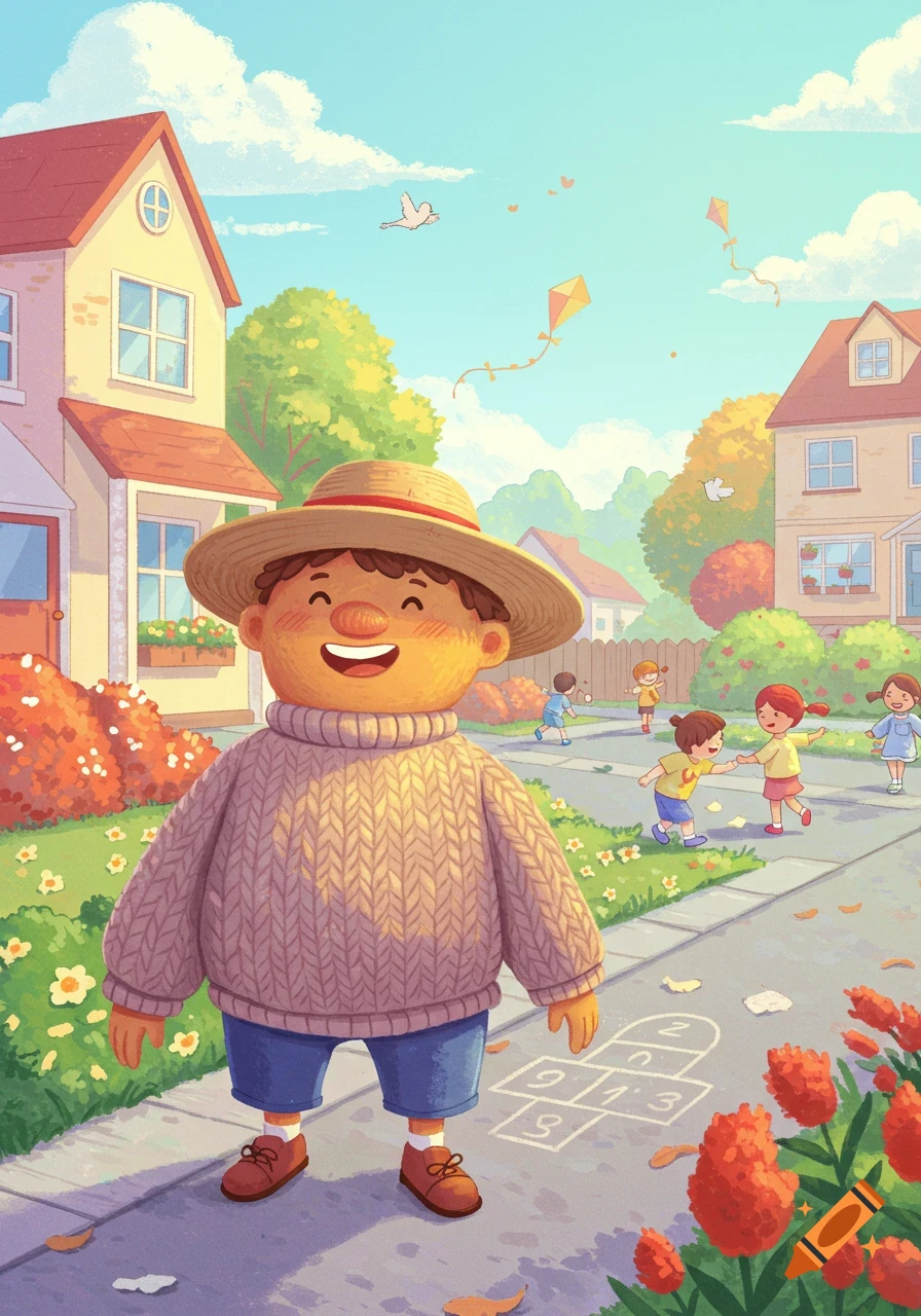 A happy boy in a straw hat and sweater stands on a sidewalk, with children playing in a sunny, cartoon neighborhood.