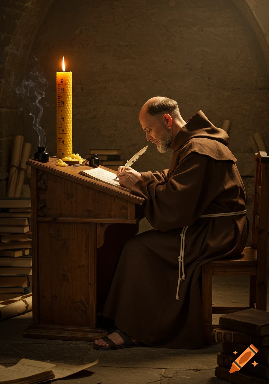 A photorealistic image of a medieval monk writing by candlelight at a wooden desk, surrounded by old books.