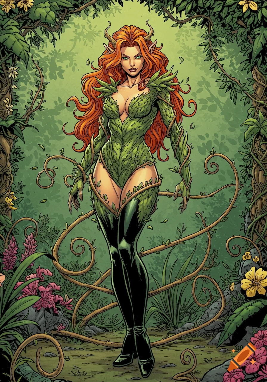 A woman with long orange hair and horns, in a green leafy costume and black boots, stands in a lush jungle. Comic art style.