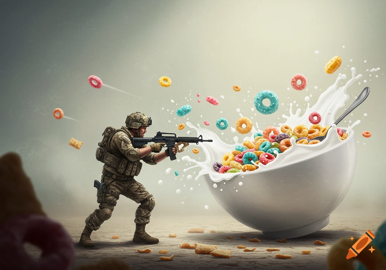 A soldier in military gear aims a rifle at a giant bowl of colorful cereal with milk splashing and pieces flying, in a photorealistic, humorous style.