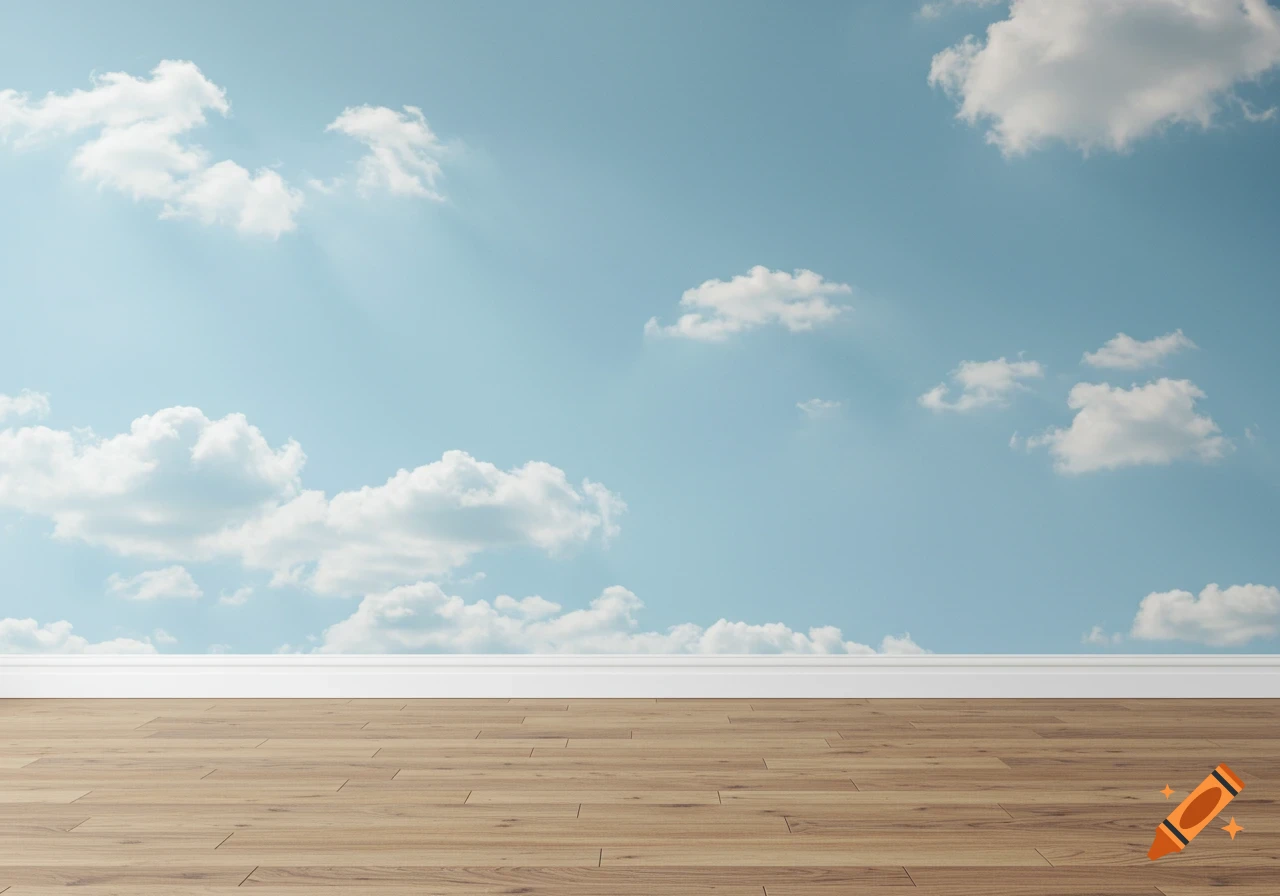 A room with a light blue wall patterned with white clouds, a white baseboard, and a light brown wooden floor.