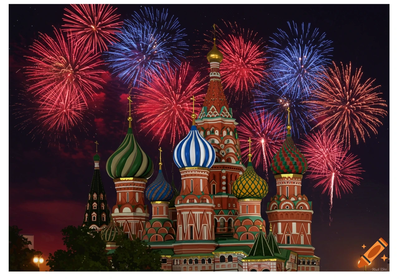 St. Basil's Cathedral at night with vibrant red and blue fireworks exploding above its colorful, onion-shaped domes.