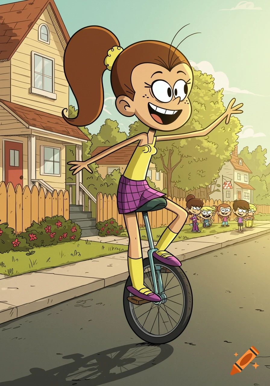 Cartoon girl Luan Loud from The Loud House rides a unicycle down a sunny neighborhood street.