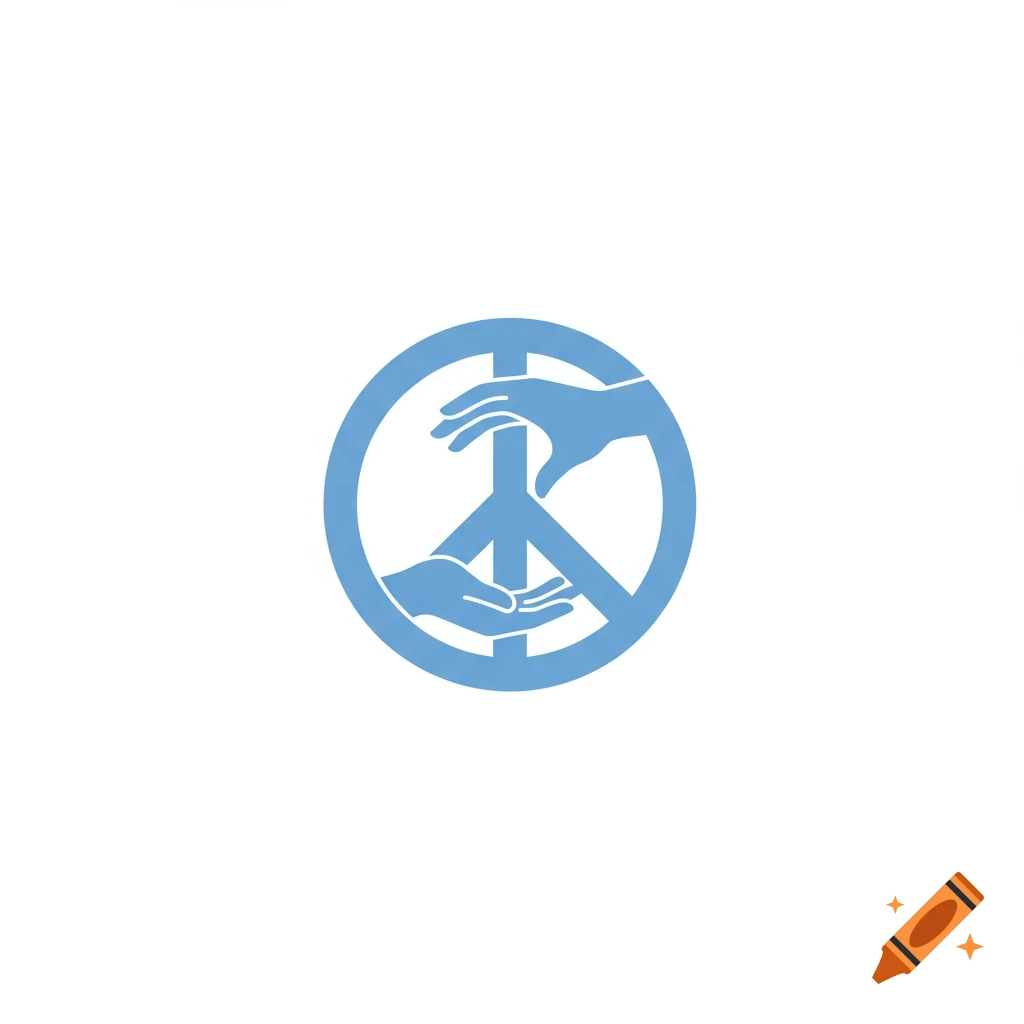Light blue peace symbol with two hands reaching towards each other, one from top, one from bottom, on a white background in flat vector art style.