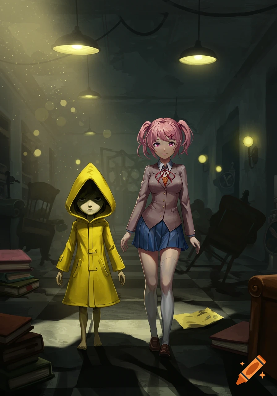 A pink-haired anime girl in a school uniform and a small child in a yellow raincoat stand in a dimly lit, eerie hallway.