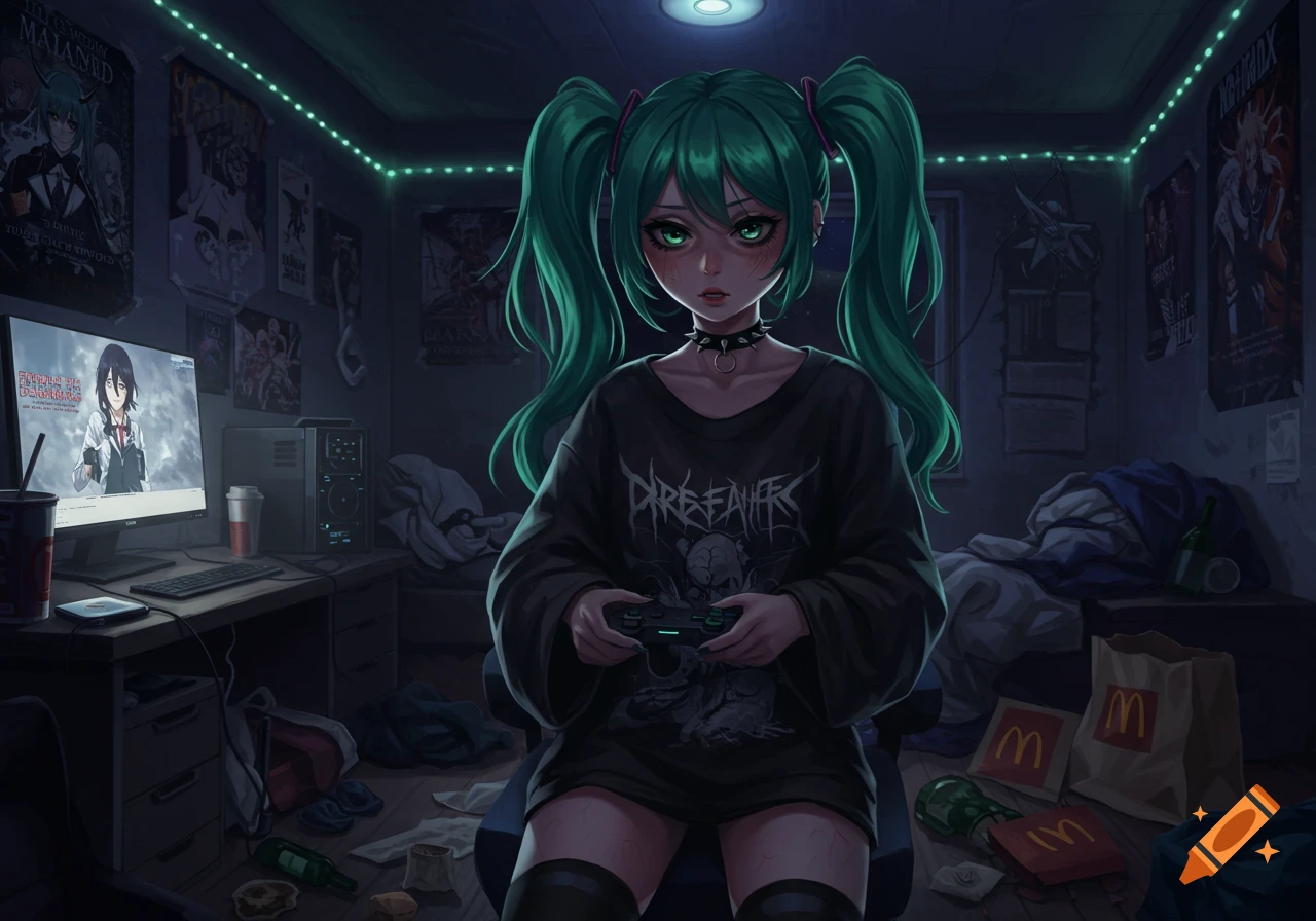 An anime girl with green pigtails and dark circles under her eyes plays video games in a dark, cluttered room.