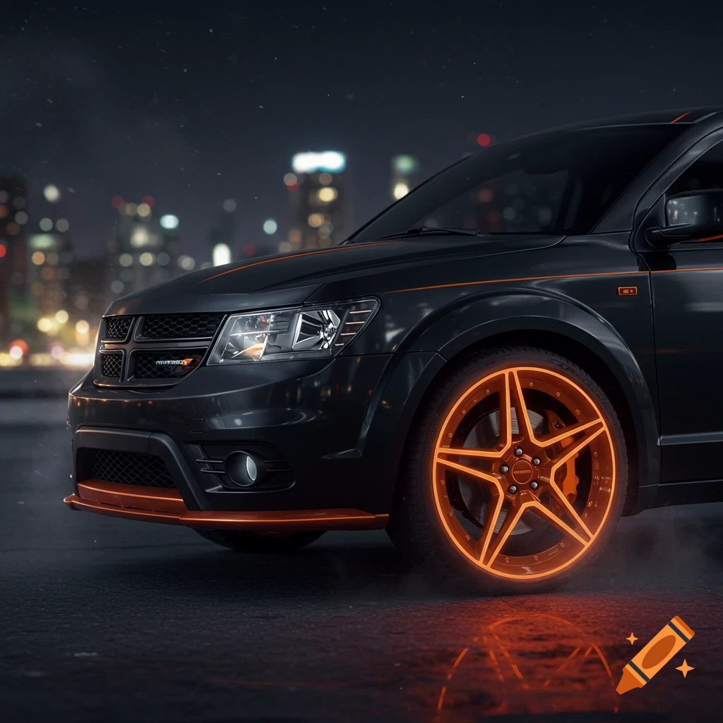 A black Dodge Journey SUV with glowing orange rims and orange accents is parked on a wet street at night, with a blurry city skyline in the background.