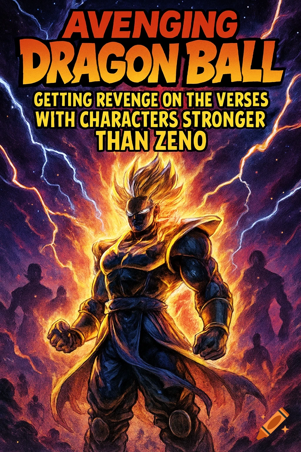 Dynamic manga cover featuring a glowing, muscular anime character, resembling Goku, amidst lightning and fire, with the title 'Avenging Dragon Ball'.