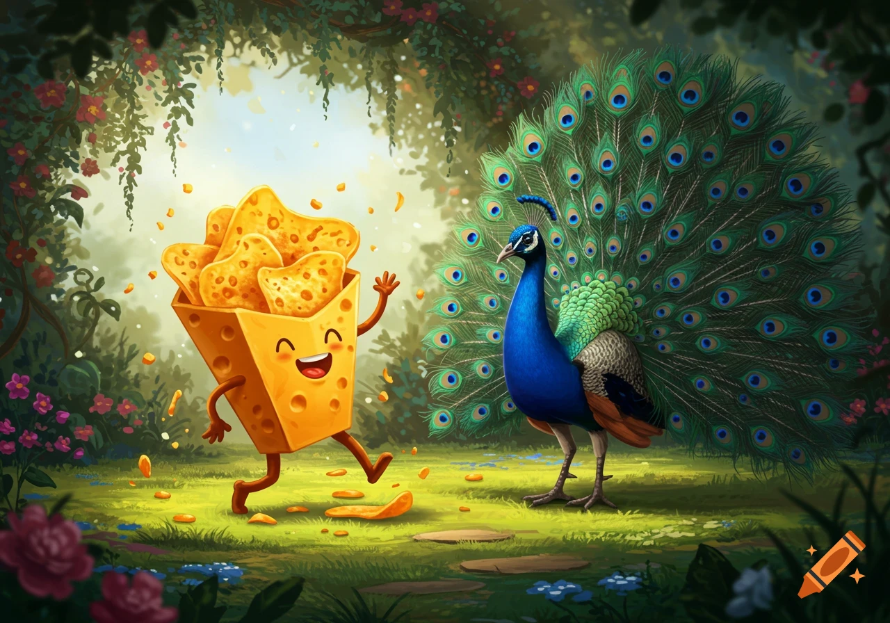 A cheerful, dancing cheese snack character in a lush, whimsical forest encounters a peacock displaying its vibrant tail feathers.