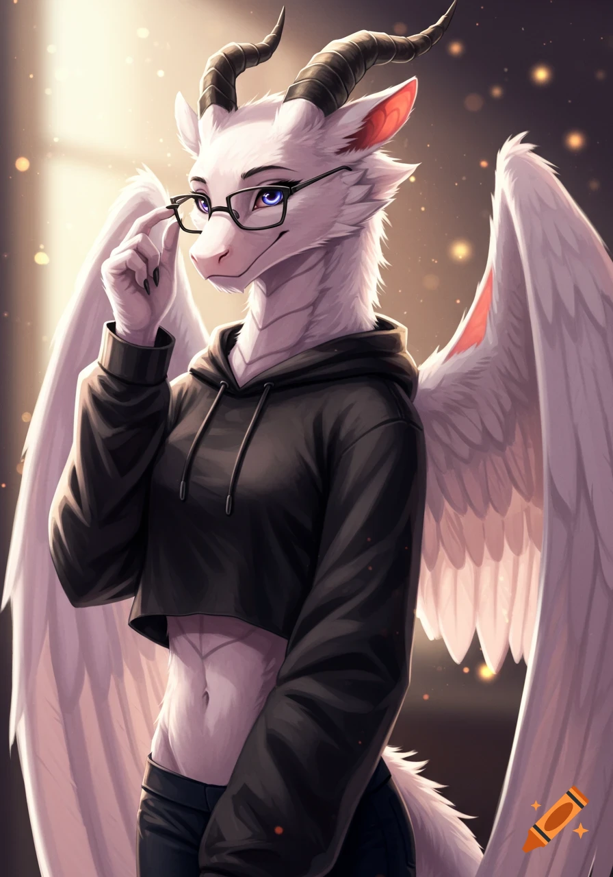 A white furred anthropomorphic dragon with black horns and wings, wearing black glasses and a cropped hoodie, looking shyly.