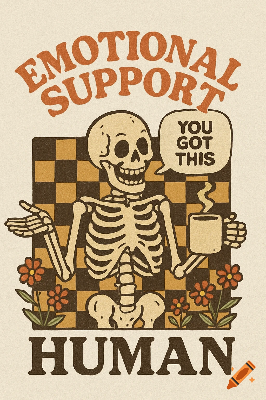 Retro illustration of a skeleton holding a coffee mug, with text 'EMOTIONAL SUPPORT YOU GOT THIS HUMAN' on a checkerboard and flower background.