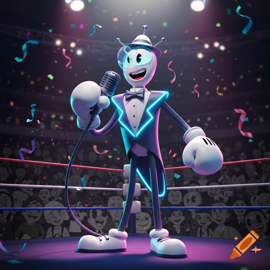 A retro futuristic cartoon character in a neon-trimmed tuxedo holding a microphone in a boxing ring with confetti.