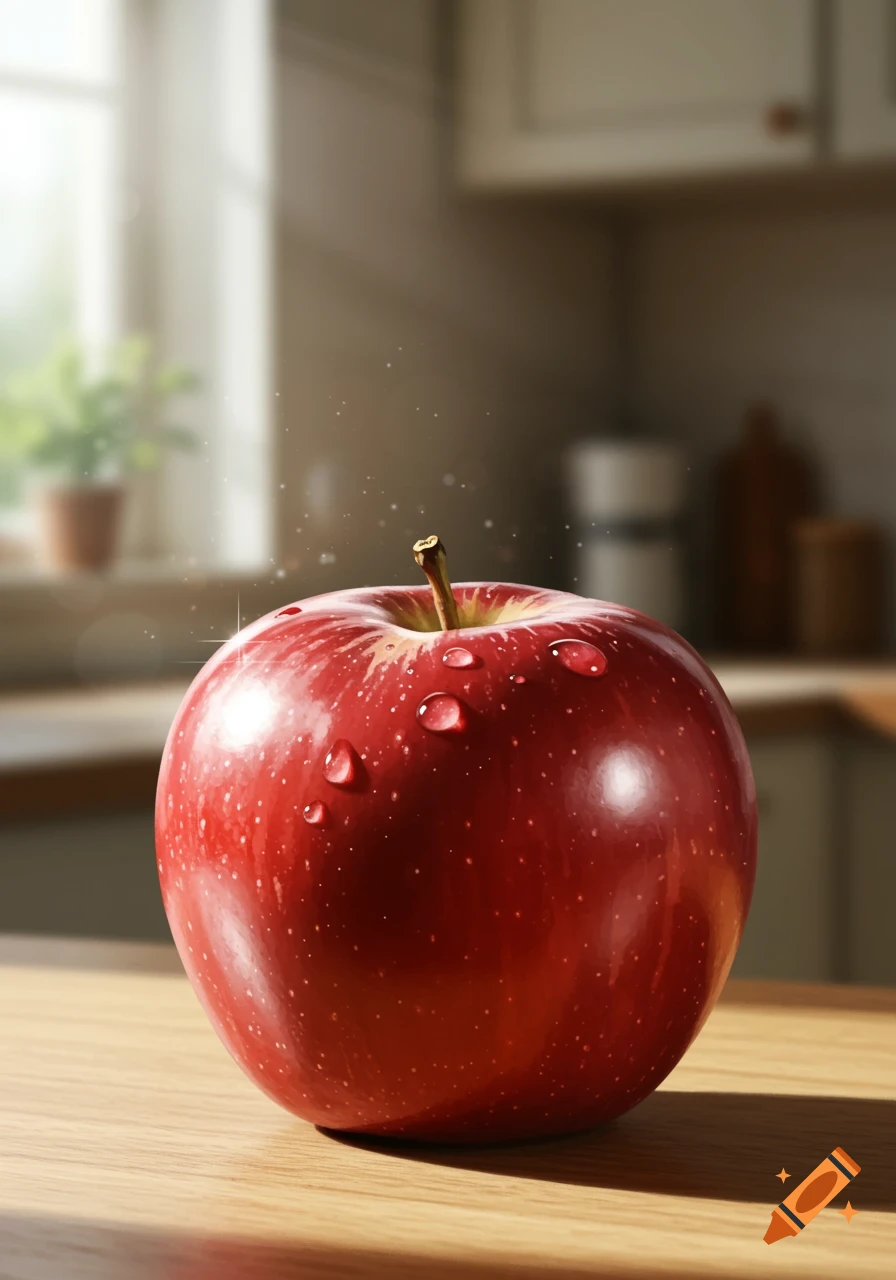 Photorealistic red apple with water droplets on a wooden counter in a sunlit kitchen.