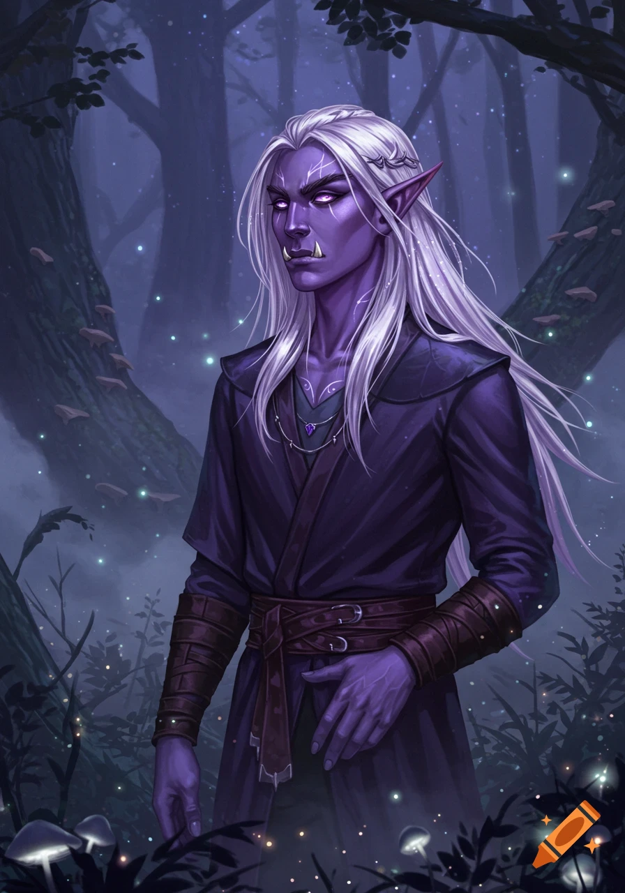 A purple-skinned half-orc half-elf with long silver hair and purple eyes stands in a mystical dark forest, digital painting.