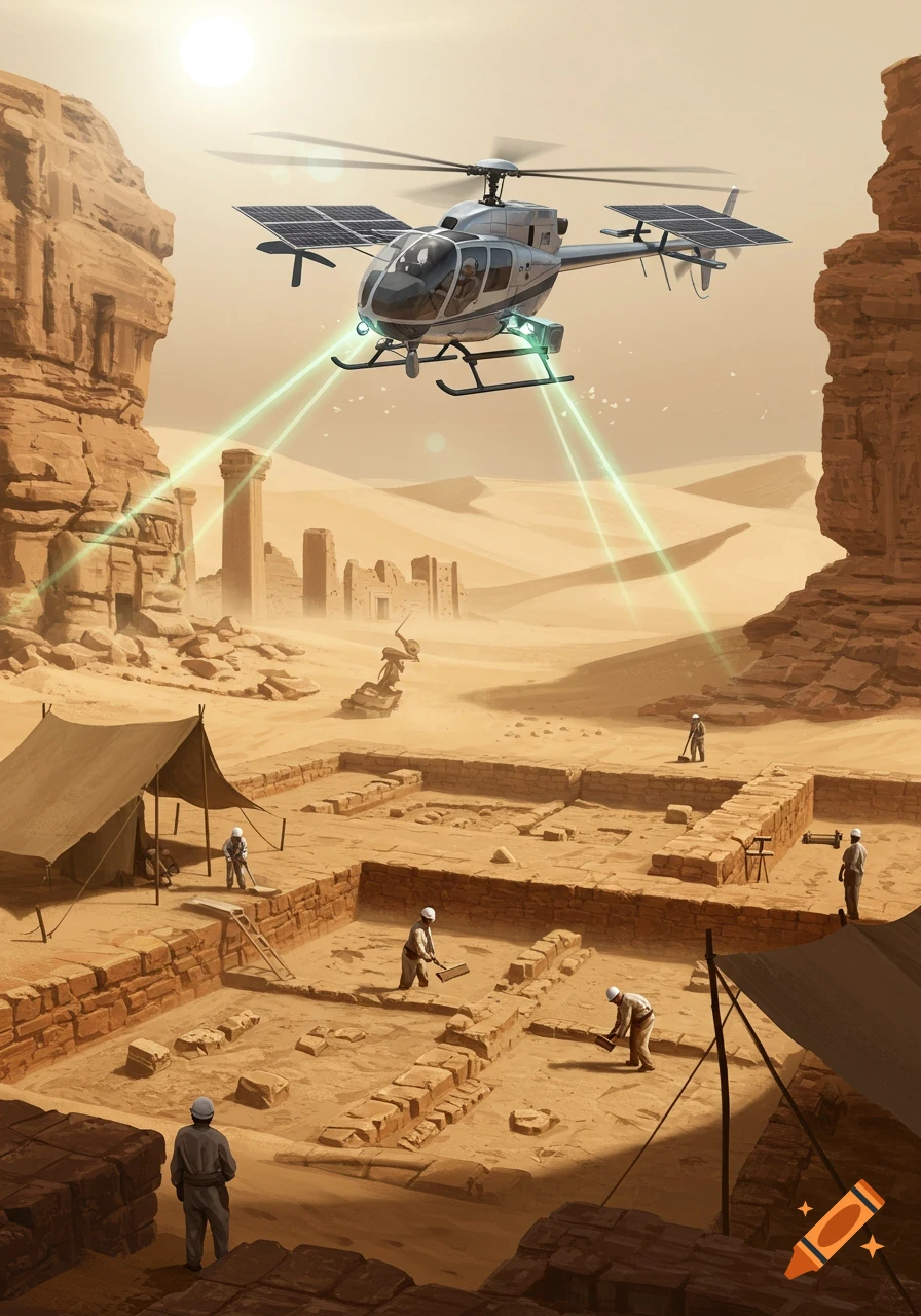 A solar-powered helicopter scans a desert archaeology dig site with green lasers, while archaeologists excavate ancient ruins.