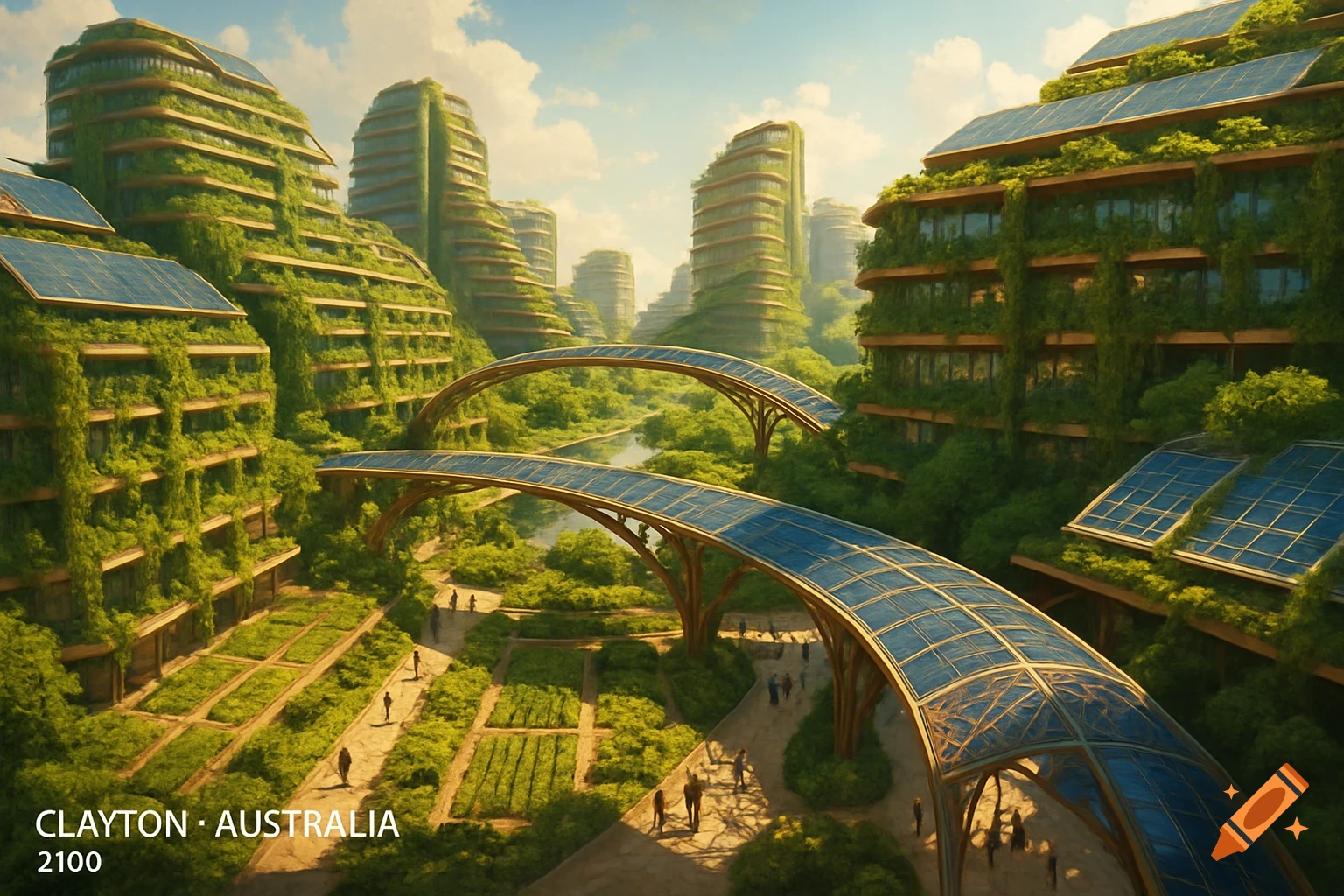 A futuristic green city with lush, plant-covered buildings, solar panel bridges, and ground-level gardens under a bright sky.