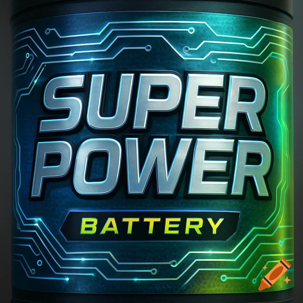 Close-up of a battery label with 'SUPER POWER BATTERY' text and a glowing circuit board design.