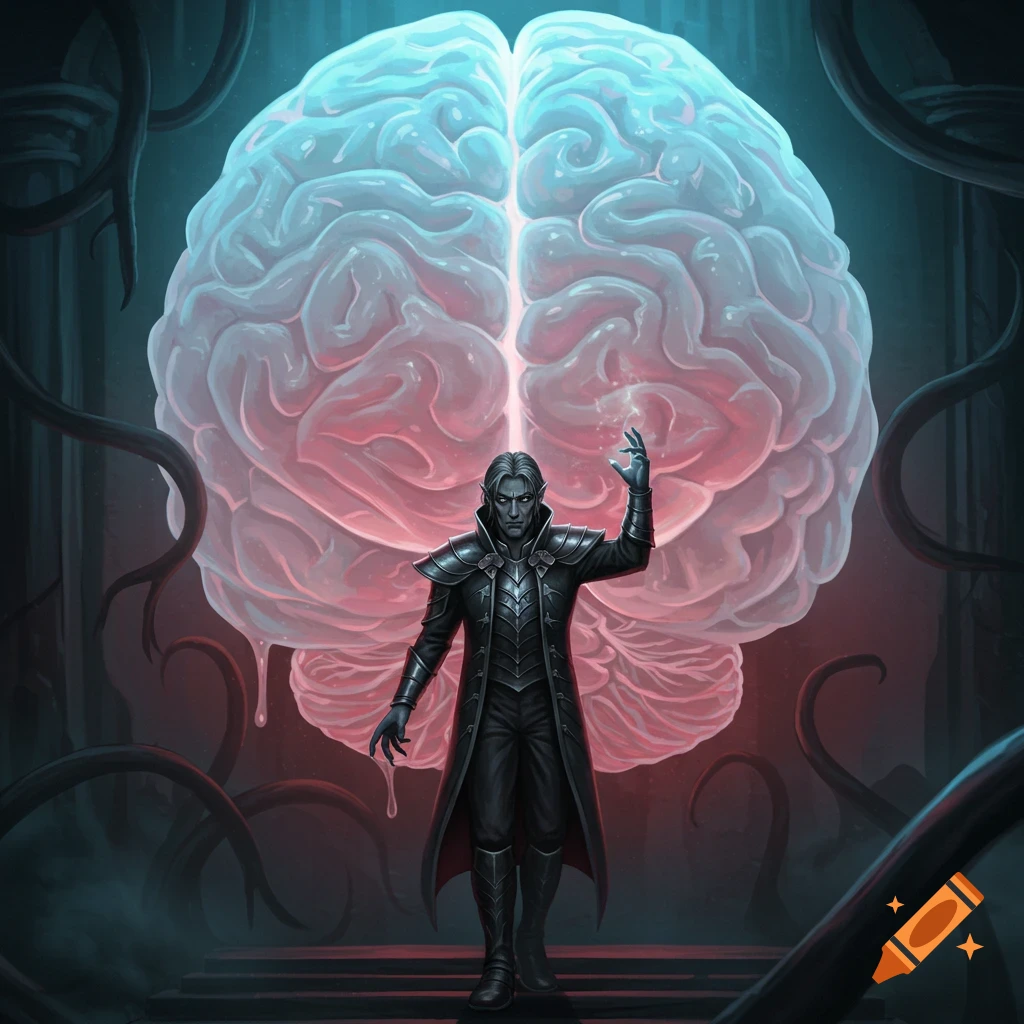 A pale, dark-haired fantasy character in a black coat stands before a large, glowing brain, raising a hand as if casting a spell.