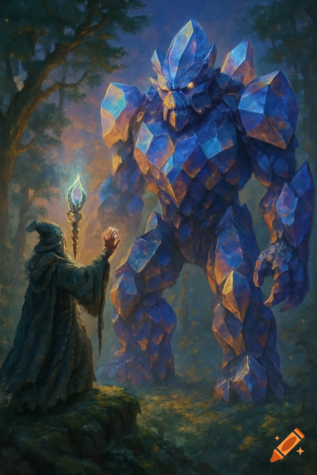A nature wizard in a dark robe casts a spell before a towering, blue crystal giant in a forest at dusk, in a digital painting style.