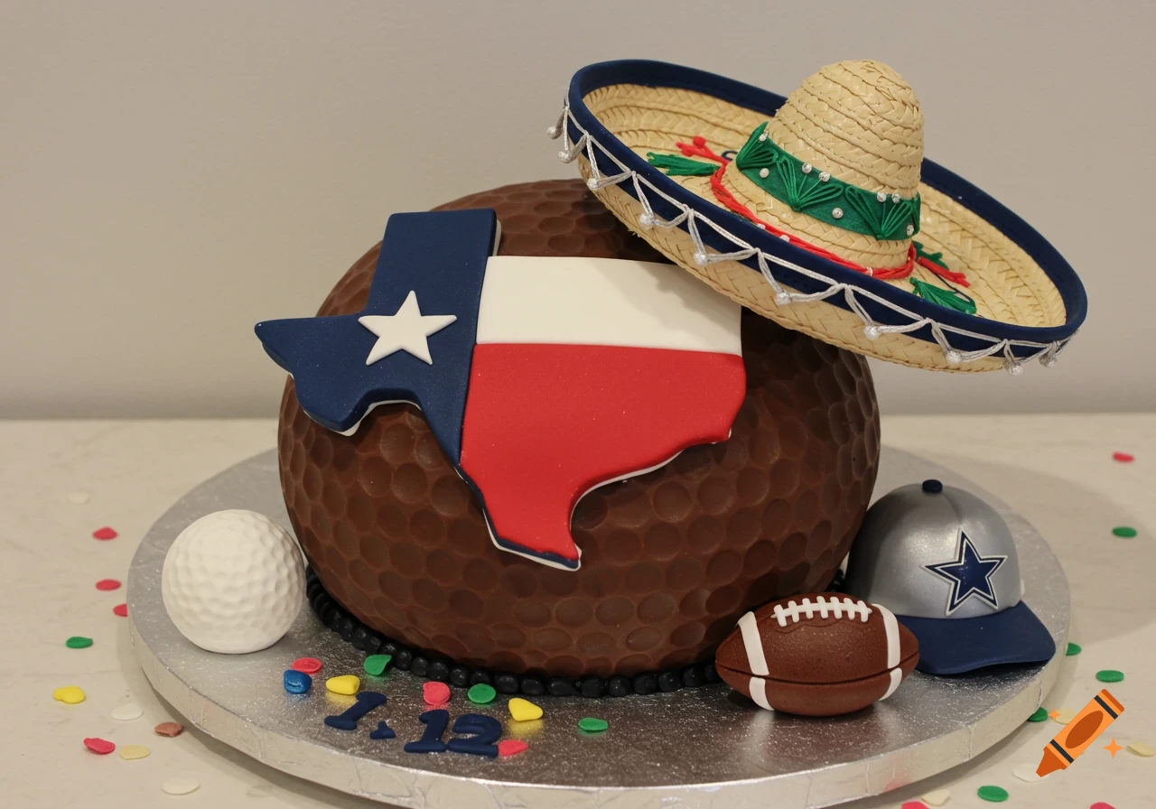 A multi-themed cake featuring a chocolate golf ball base, Texas flag, Mexican sombrero, Dallas Cowboys hat, football, and golf ball.