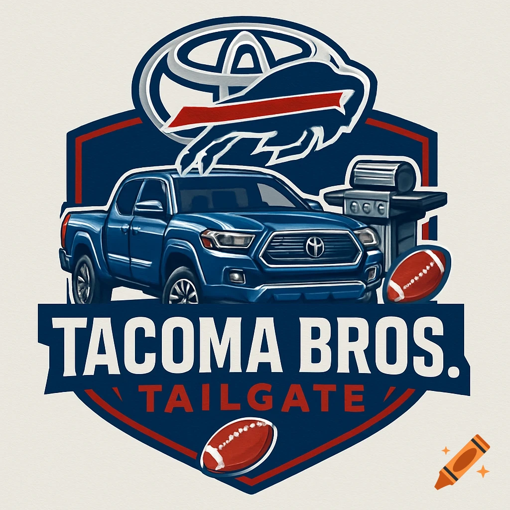 A logo for Tacoma Bros. Tailgate featuring a blue Toyota Tacoma truck, BBQ grill, footballs, and a merged Toyota/Buffalo Bills emblem on a shield.