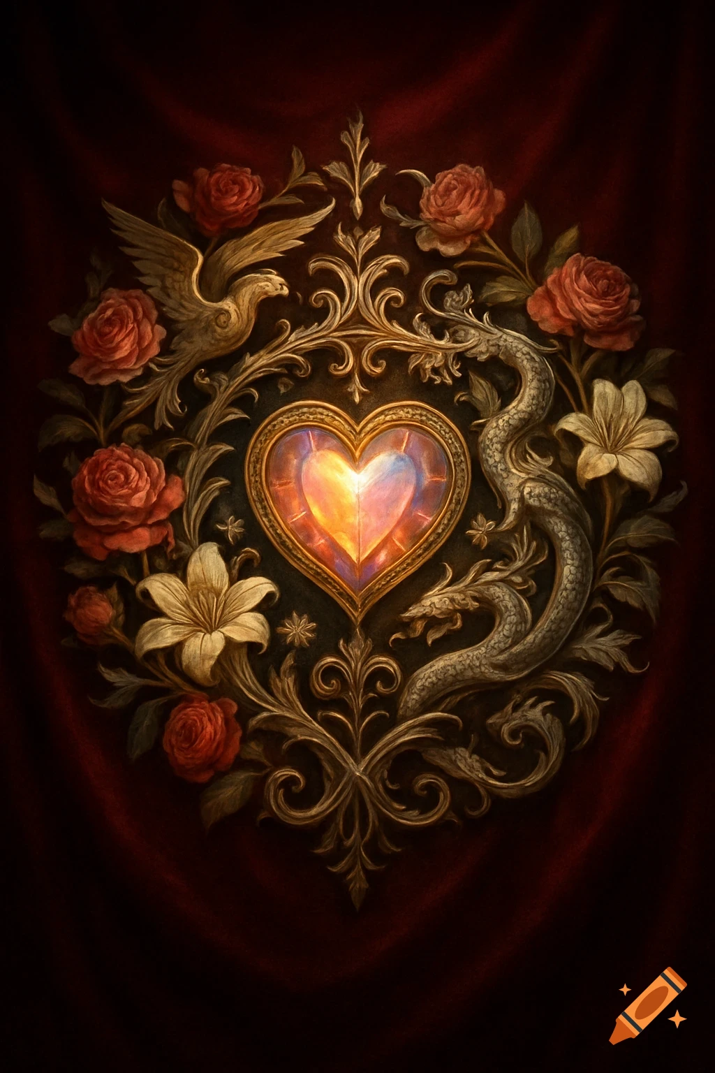 Ornate fantasy crest featuring a glowing crystal heart surrounded by gold filigree, red roses, a bird, and a snake on a dark red background.