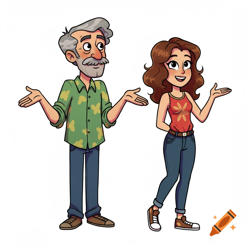 Cartoon man with gray hair and mustache shrugging next to a smiling cartoon woman with brown hair gesturing.